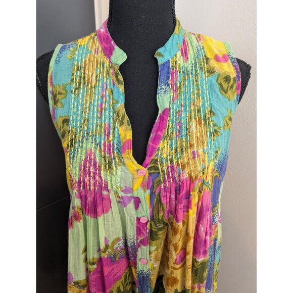 Vintage y2k Etc. 100% Cotton Floral Sleeveless Tunic Top - M - Picture 2 of 5